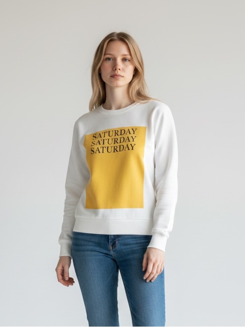 Only White Sweatshirt with Yellow Graphic "Saturday"